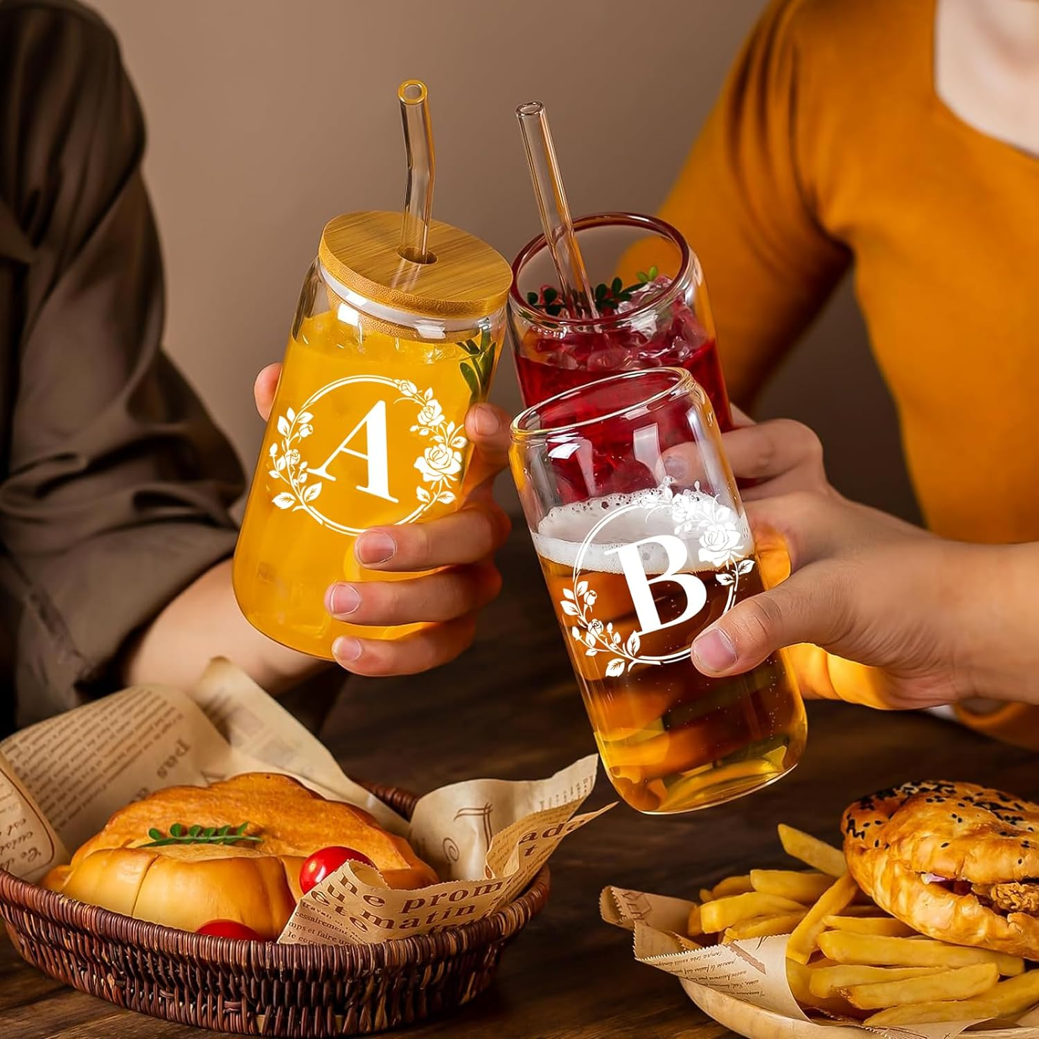 Hot Sell Wholesale Letter logo 16 oz glass cups with bamboo lid and glass straw glass mug cola can shaped cold drink mug
