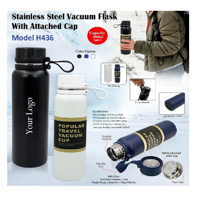 Custom Logo 1000ml Vacuum Flask Double Walled Insulated Stainless Steel Water Bottle 69x33x45cm Size Direct Drinking Applicable