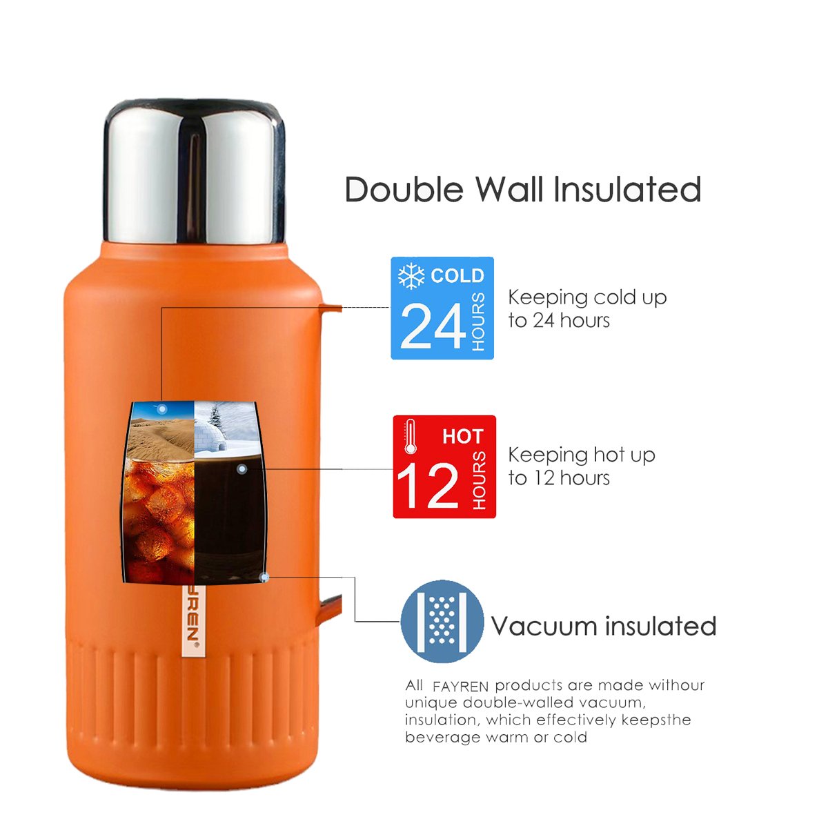 FAYREN 1L Custom Logo Camping Travel Straight Cup Modern Design stainless steel Vacuum Flask with Comfortable Handle