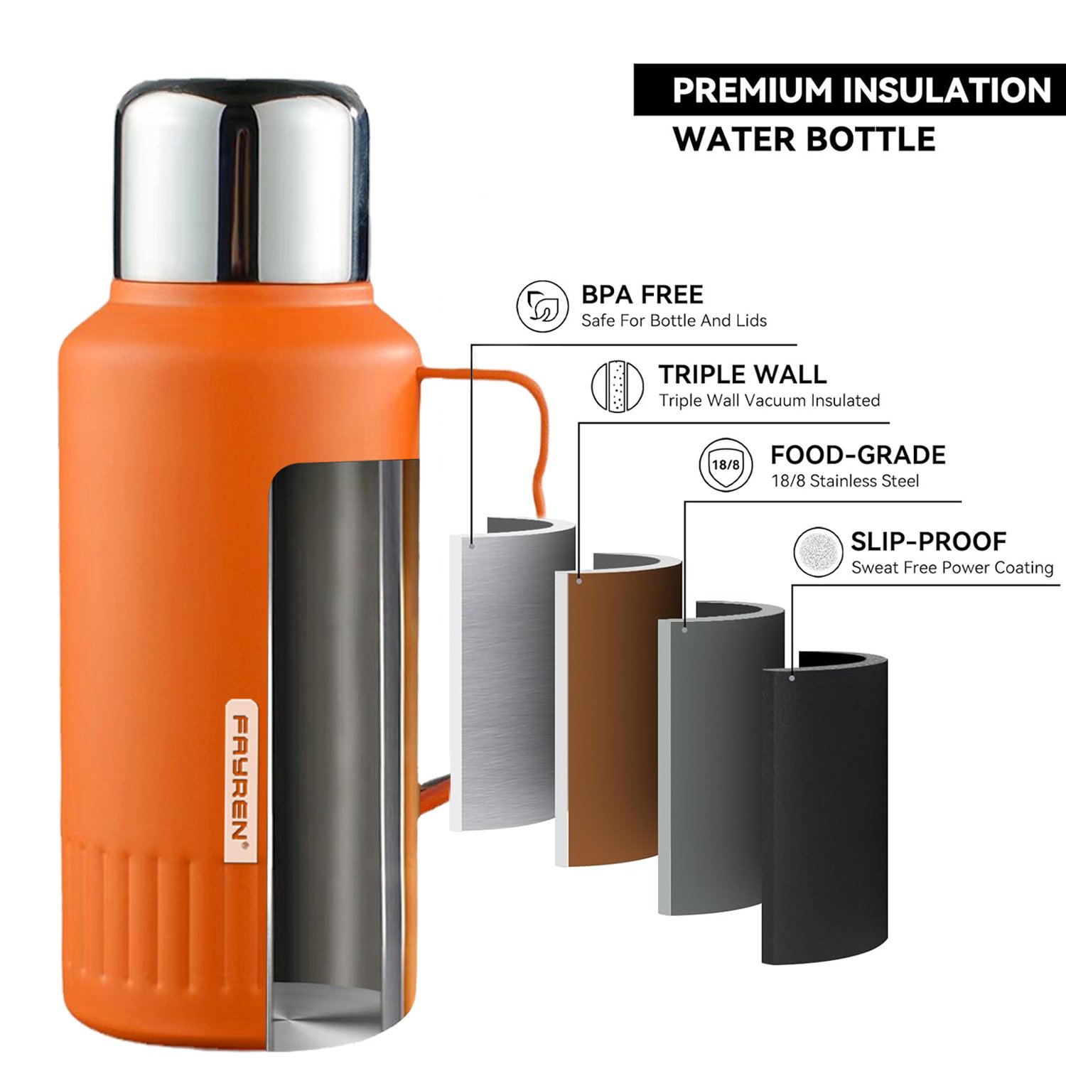 FAYREN 1L Custom Logo Camping Travel Straight Cup Modern Design stainless steel Vacuum Flask with Comfortable Handle