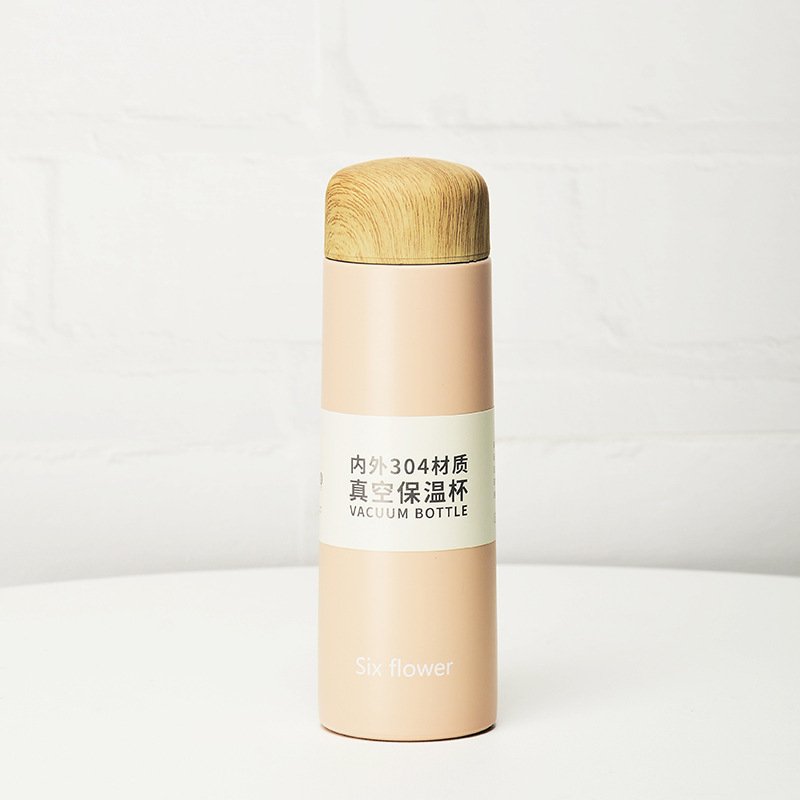 Fashion Mini Double Wall Insulated Thermo Cup Wood Design Lid Stainless Steel Portable Travel Vacuum Flask Custom