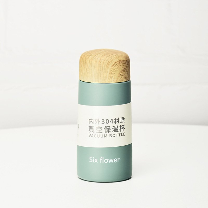 Fashion Mini Double Wall Insulated Thermo Cup Wood Design Lid Stainless Steel Portable Travel Vacuum Flask Custom