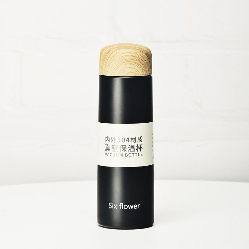 Fashion Mini Double Wall Insulated Thermo Cup Wood Design Lid Stainless Steel Portable Travel Vacuum Flask Custom