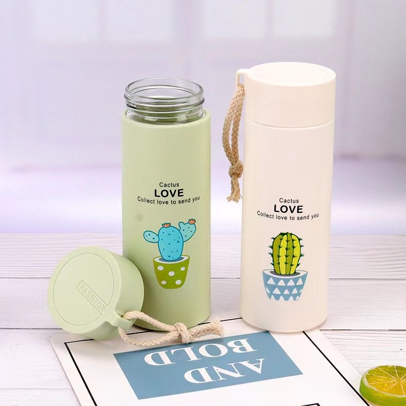 New Wholesale Fleshy Glass Cup Tumbler Glass Water Bottle With Straw Silicone Protective Sleeve Bamboo Lid logo school