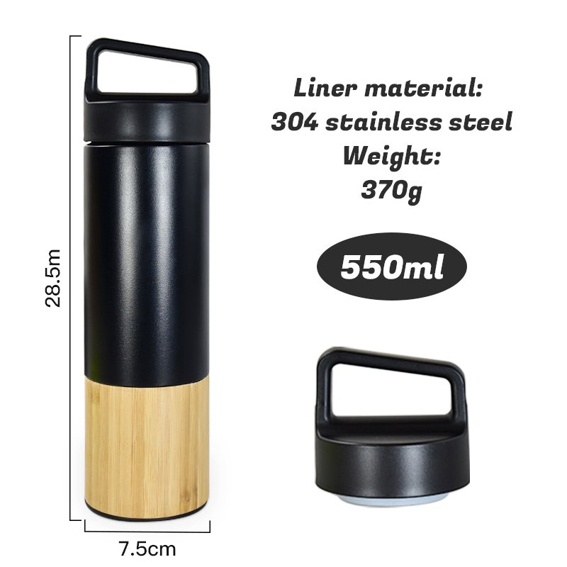 Custom 550ml Bamboo Shell Sport Vacuum Flask With Handle Stainless Steel Insulated Bottle
