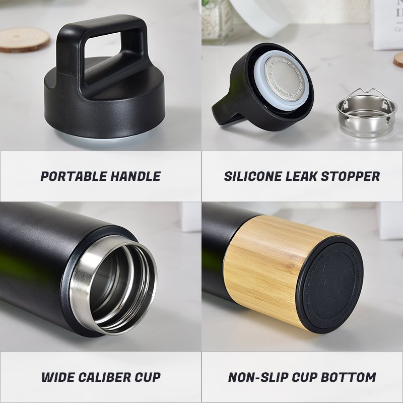 Custom 550ml Bamboo Shell Sport Vacuum Flask With Handle Stainless Steel Insulated Bottle