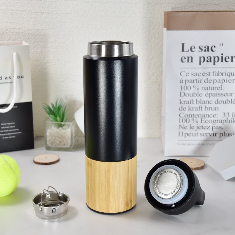Custom 550ml Bamboo Shell Sport Vacuum Flask With Handle Stainless Steel Insulated Bottle
