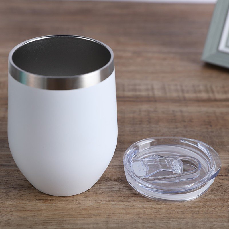 custom logo 12 oz double walled egg shaped mug stainless steel personalized stemless wine tumbler with sliding lid