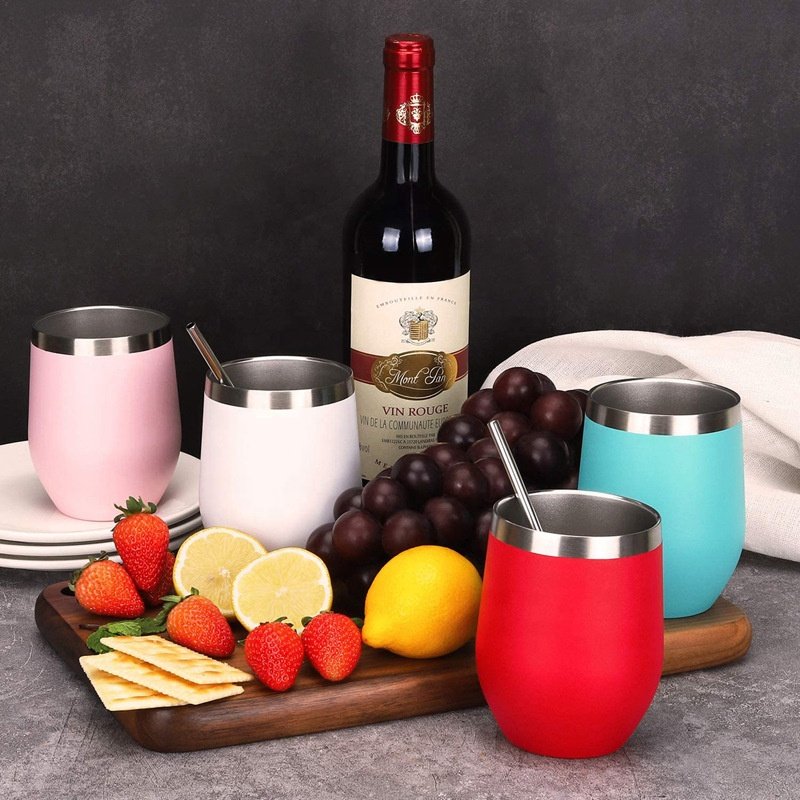 custom logo 12 oz double walled egg shaped mug stainless steel personalized stemless wine tumbler with sliding lid