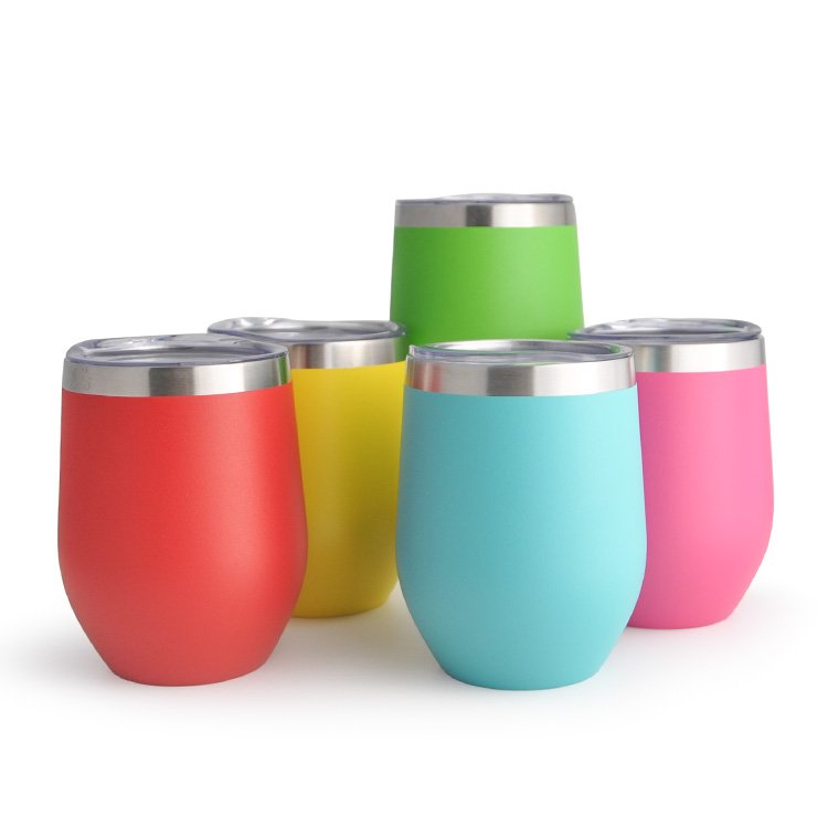 custom logo 12 oz double walled egg shaped mug stainless steel personalized stemless wine tumbler with sliding lid