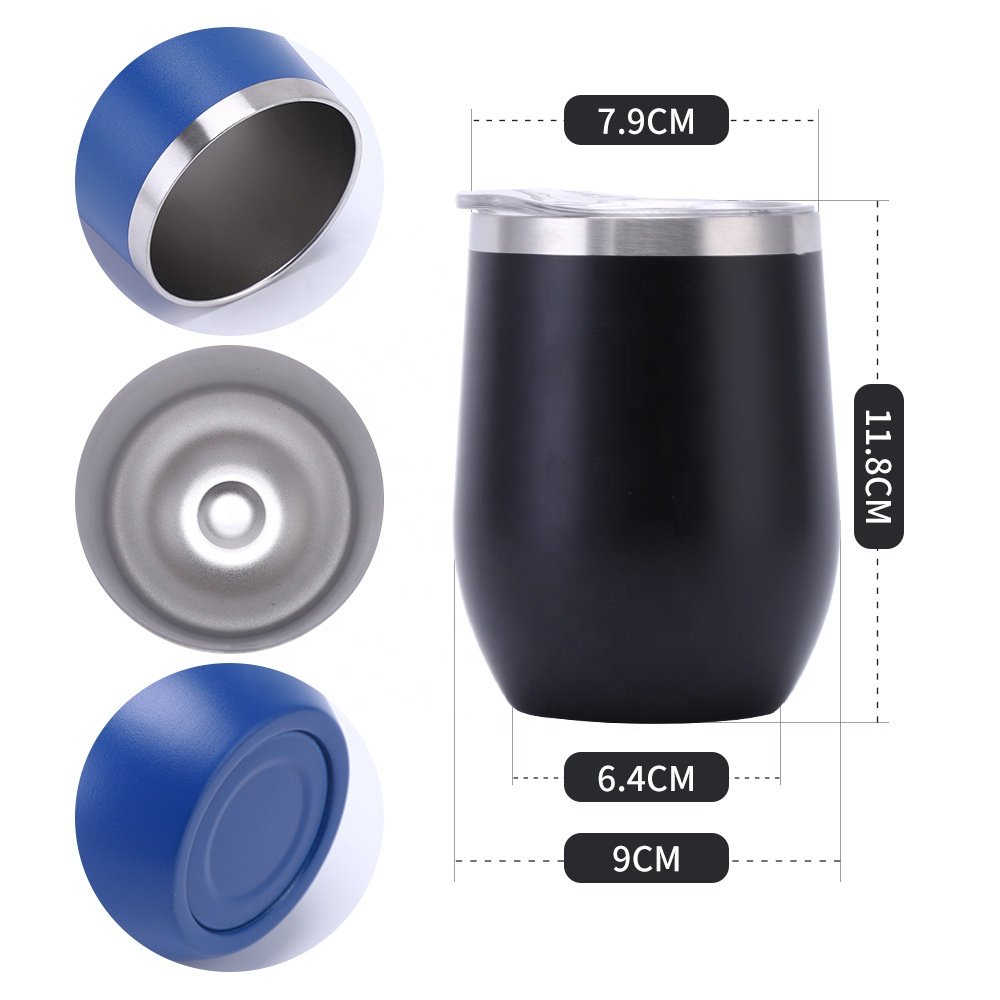 custom logo 12 oz double walled egg shaped mug stainless steel personalized stemless wine tumbler with sliding lid