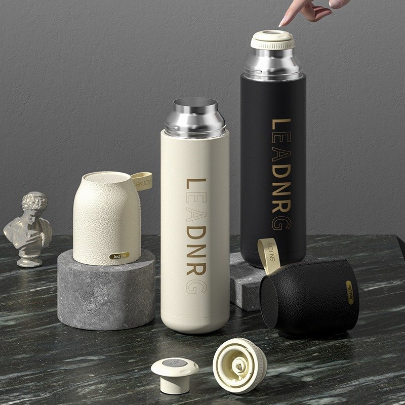 Office Business Gift Stainless Steel Cup Women Men Sports Simple Vacuum Flask Water Bottle With Leather Lid