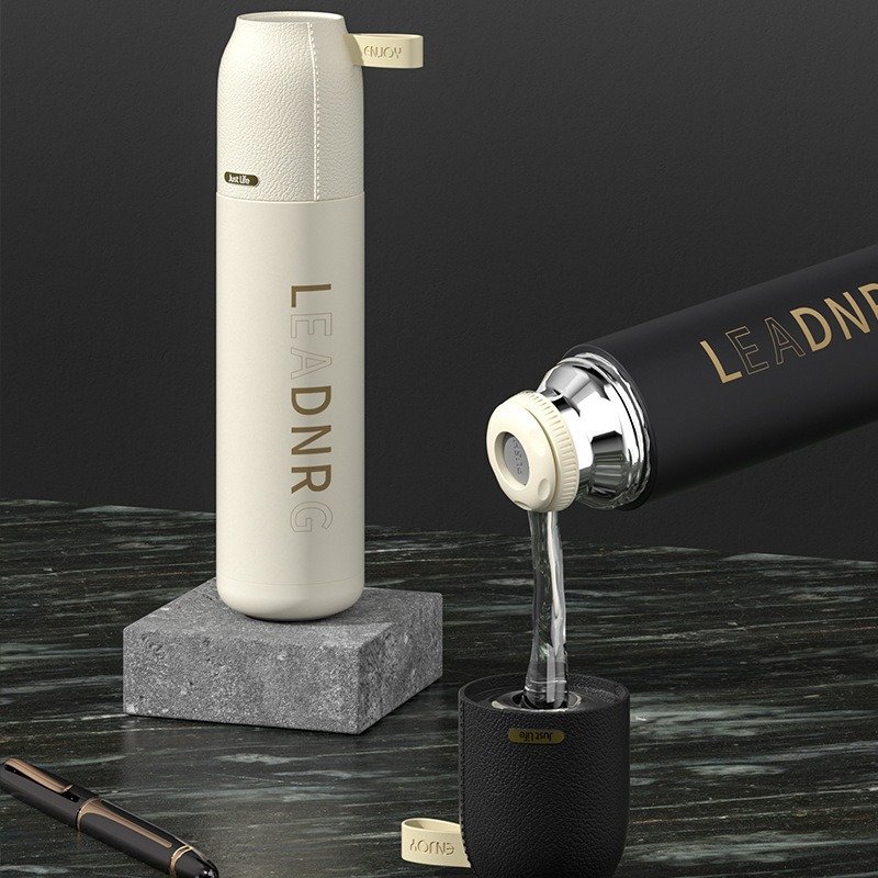 Office Business Gift Stainless Steel Cup Women Men Sports Simple Vacuum Flask Water Bottle With Leather Lid