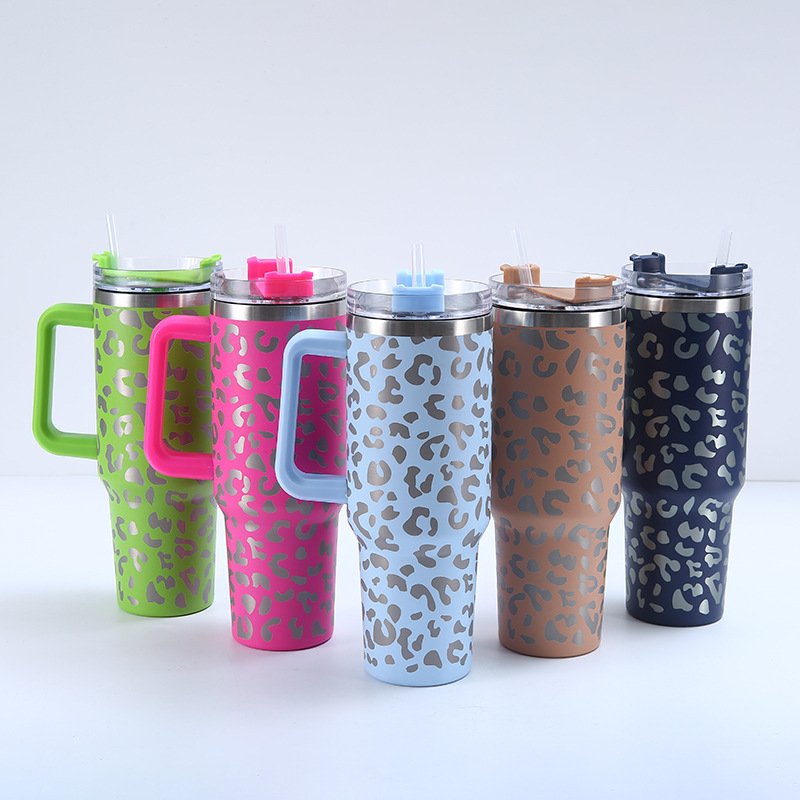 M34 40 oz Hot Sale Coffee Beer Mug Double Wall 304 Stainless Steel 40oz Travel Cup Leopard Tumbler With Handle