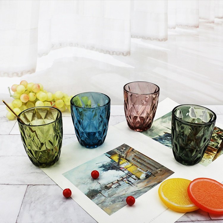 Hot Sale Diamond Design round Vintage Drinking Glasses Blue Green Purple Smoke Tumbler Daily Use Old Fashioned Glass Cup Milk