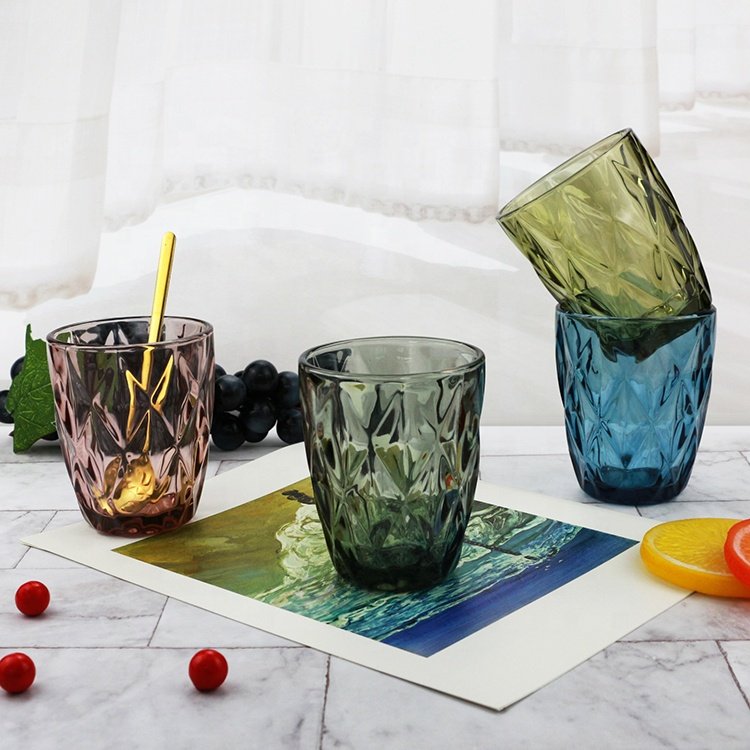 Hot Sale Diamond Design round Vintage Drinking Glasses Blue Green Purple Smoke Tumbler Daily Use Old Fashioned Glass Cup Milk