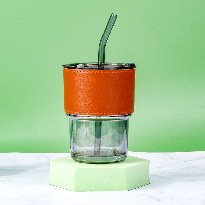 Wholesale 15oz Custom logo Glass Tumbler Tea Coffee Amber Clear Water Glass Cup Mug With Lid And Straw with Leather Sleeve