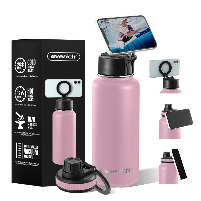 Customized Logo Wide Mouth 304 Stainless Steel Vacuum Flask with PP+Magnet Lid Convenient Phone Stand