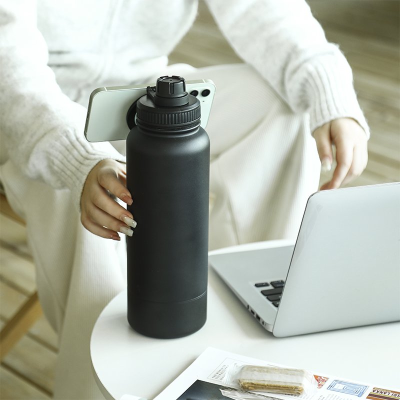 Customized Logo Wide Mouth 304 Stainless Steel Vacuum Flask with PP+Magnet Lid Convenient Phone Stand