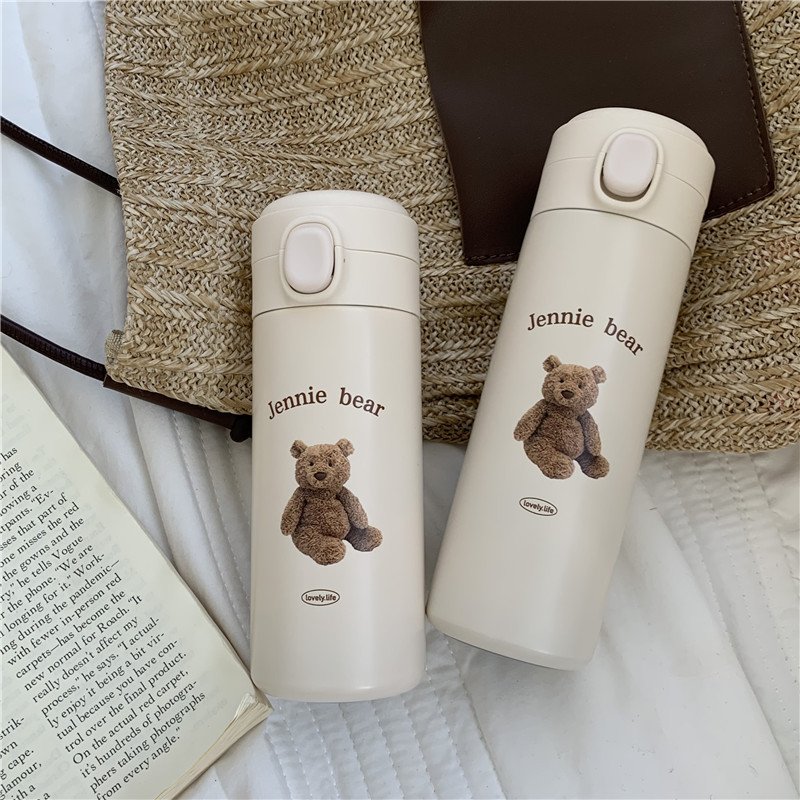 450ml Stainless Steel Water Bottle Cute Mini Bear Double Wall Cup Thermos Vacuum flasks Tea Bottle With Straw Travel Sports Mug