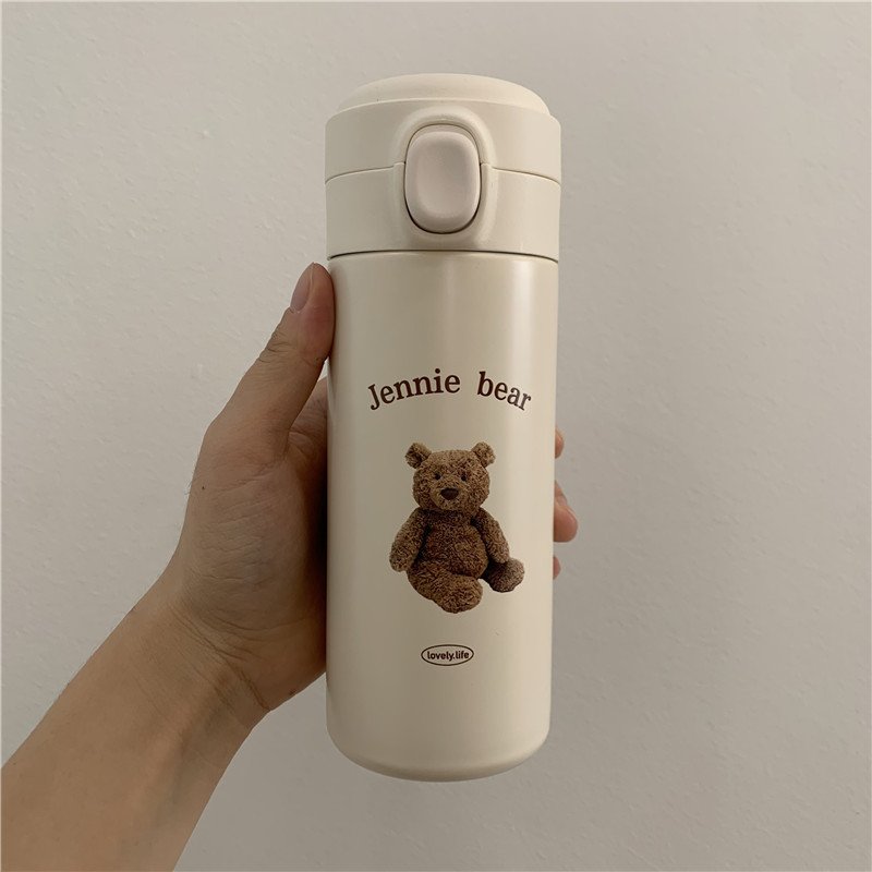 450ml Stainless Steel Water Bottle Cute Mini Bear Double Wall Cup Thermos Vacuum flasks Tea Bottle With Straw Travel Sports Mug