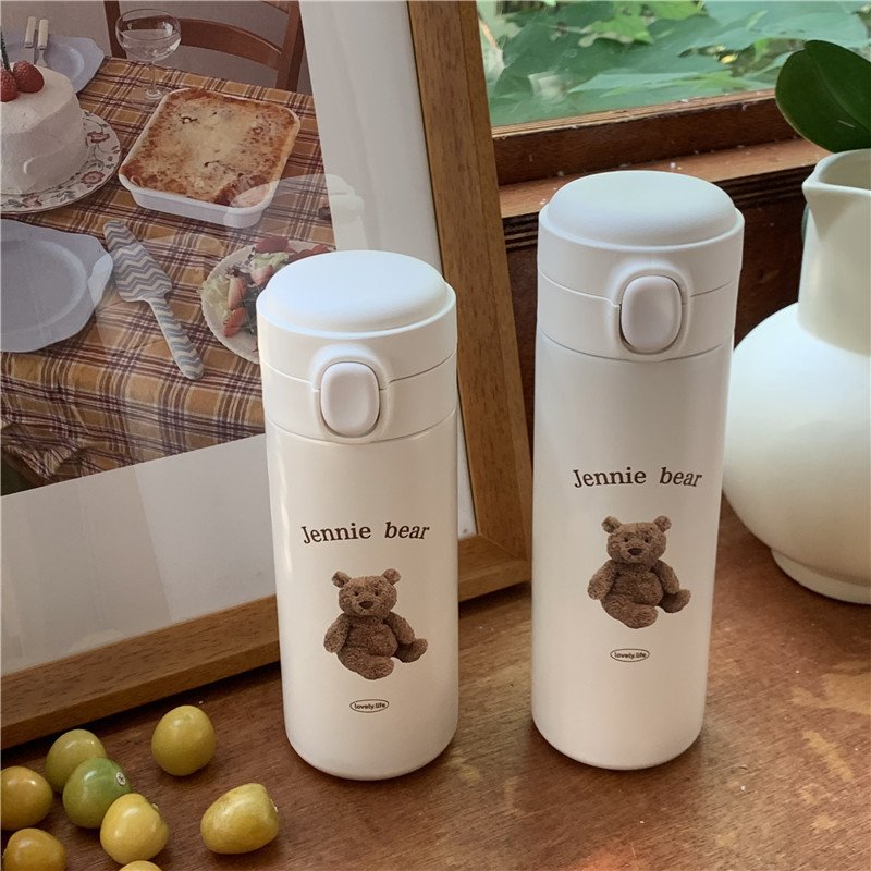 450ml Stainless Steel Water Bottle Cute Mini Bear Double Wall Cup Thermos Vacuum flasks Tea Bottle With Straw Travel Sports Mug