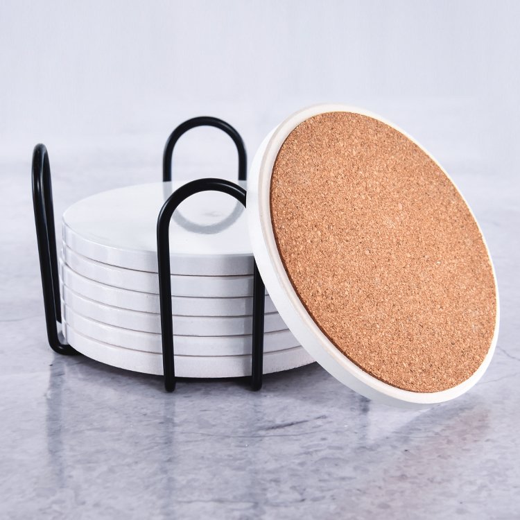 custom print Logo sublimation round coffee bar beer cup ceramic tile coasters cork bottom blank set for drinks with holder