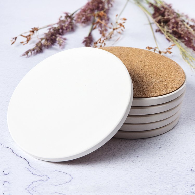 custom print Logo sublimation round coffee bar beer cup ceramic tile coasters cork bottom blank set for drinks with holder
