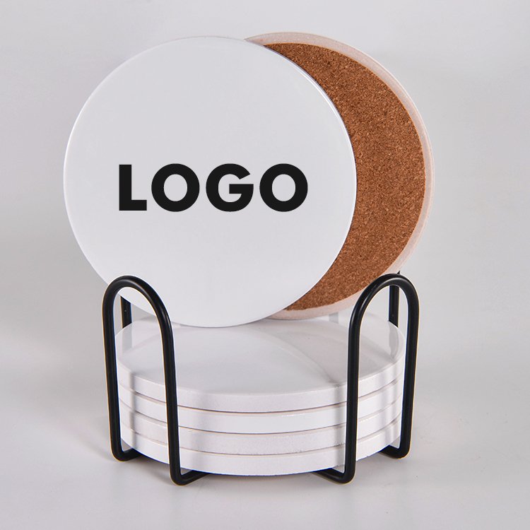 custom print Logo sublimation round coffee bar beer cup ceramic tile coasters cork bottom blank set for drinks with holder