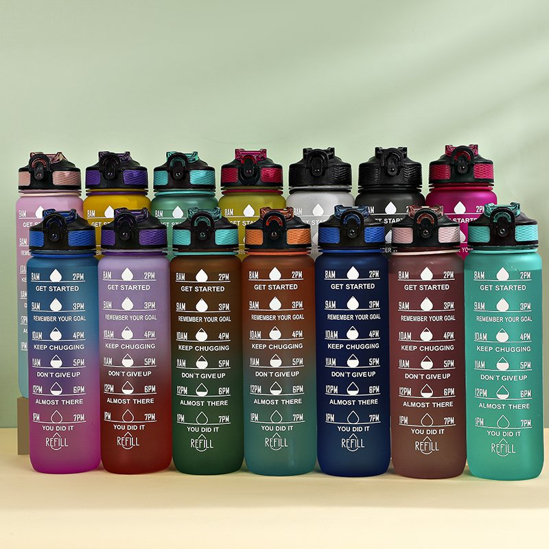 1000ml BPA Free Tritan Gradient Time Marked Outdoor Gym Sports Water Bottle 1L Water Bottle With Straw