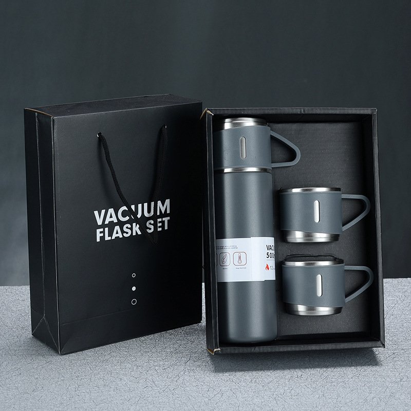 Business Christmas Gift Set 500ml One Bottle 3 Lids Double Wall Stainless Thermos Travel Mugs Vacuum Flask