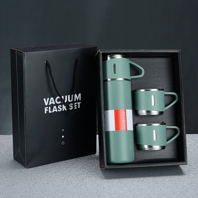 Business Christmas Gift Set 500ml One Bottle 3 Lids Double Wall Stainless Thermos Travel Mugs Vacuum Flask