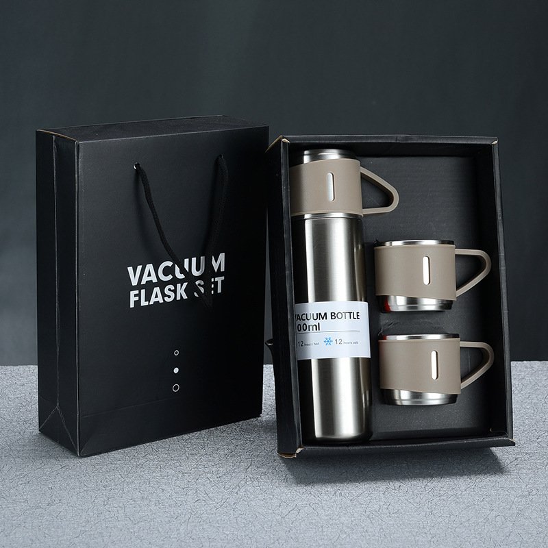 Business Christmas Gift Set 500ml One Bottle 3 Lids Double Wall Stainless Thermos Travel Mugs Vacuum Flask