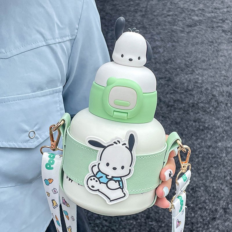 MAIMA dinosaur-shaped kids stainless steel heat water bottle with straw and strap cartoon figure vacuum flask keep cold and hot
