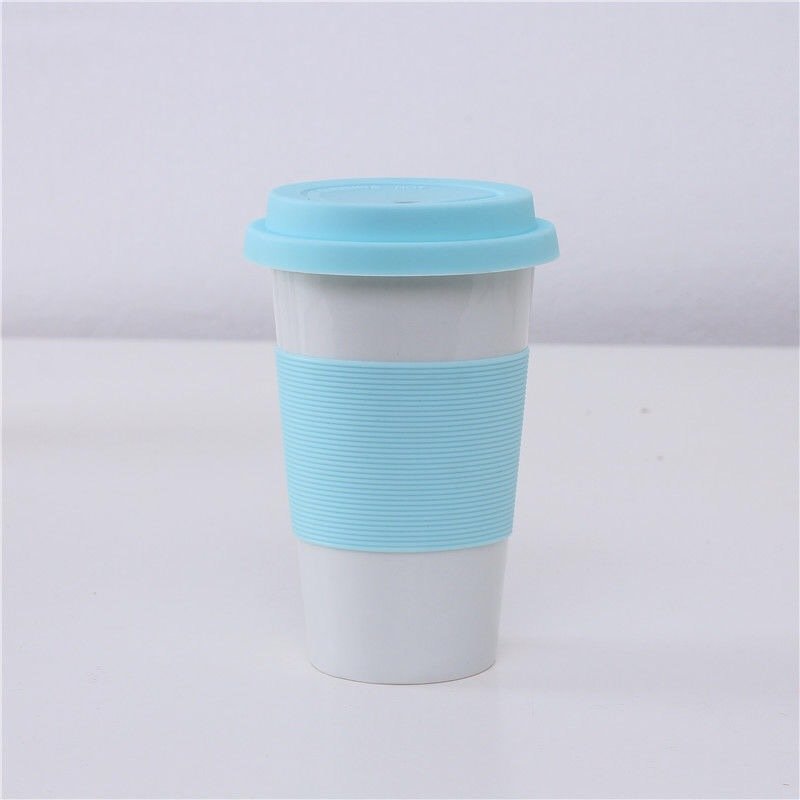 Eco 380ml rubber grip double wall coffee ceramic cup promotional custom logo printing porcelain travel mug with silicone lid