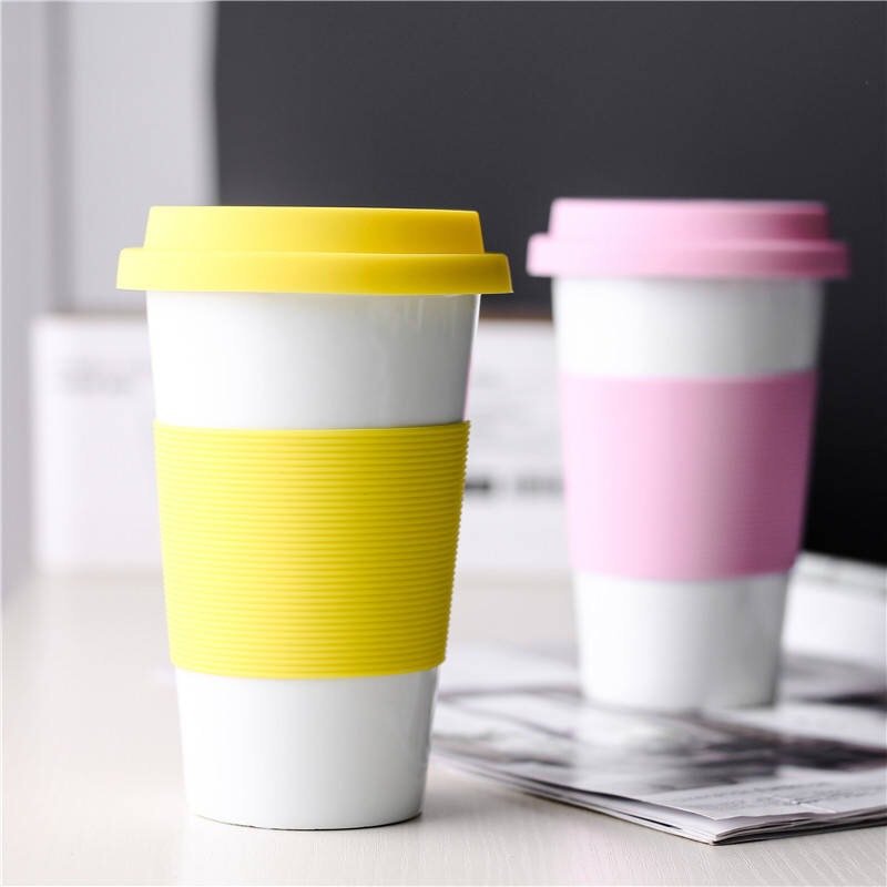 Eco 380ml rubber grip double wall coffee ceramic cup promotional custom logo printing porcelain travel mug with silicone lid