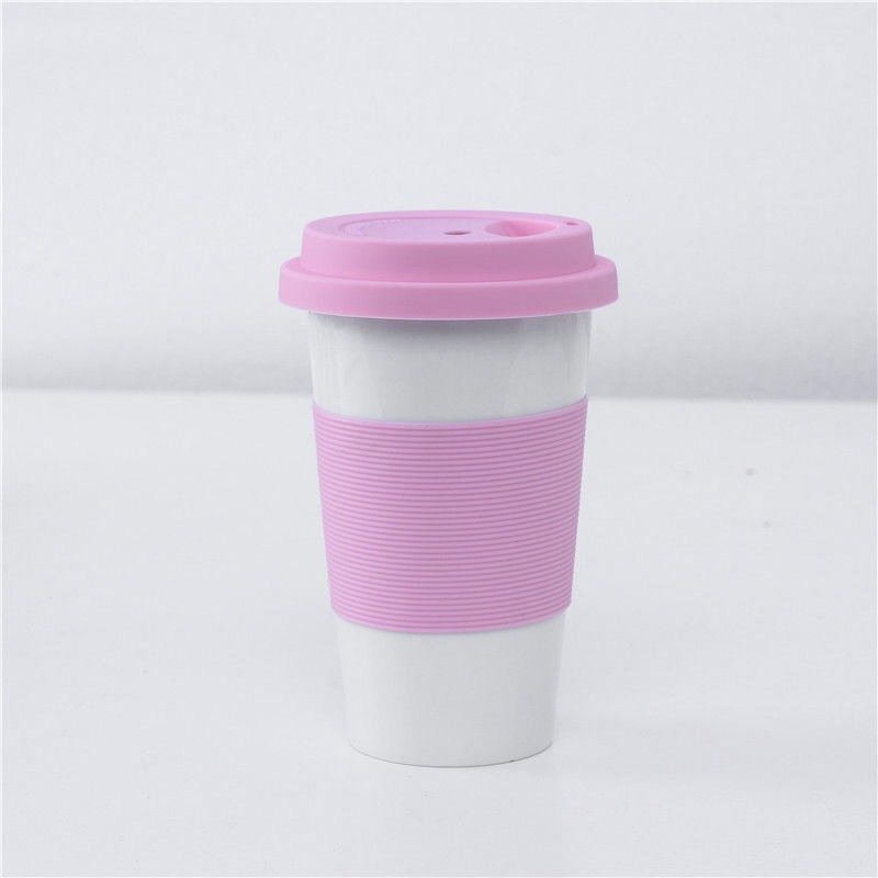 Eco 380ml rubber grip double wall coffee ceramic cup promotional custom logo printing porcelain travel mug with silicone lid