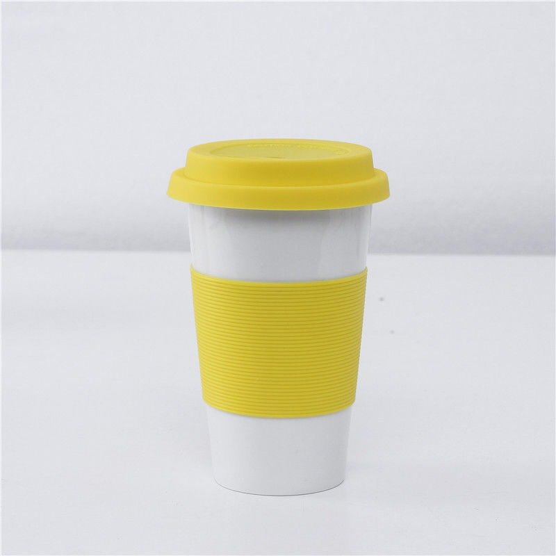 Eco 380ml rubber grip double wall coffee ceramic cup promotional custom logo printing porcelain travel mug with silicone lid