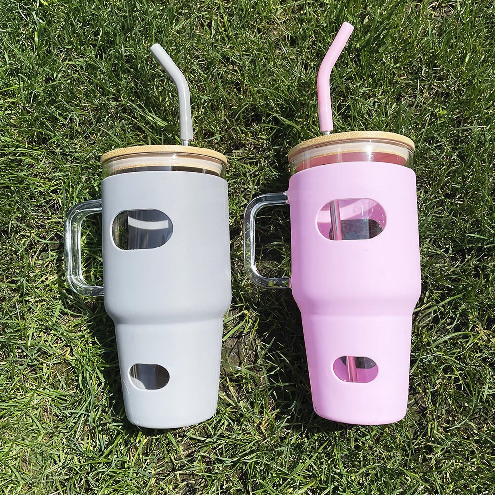 Eco Friendly 32oz Glass Tumbler with Bamboo Lid and Straw for Iced Coffee BPA-Free Silicone Water Bottles