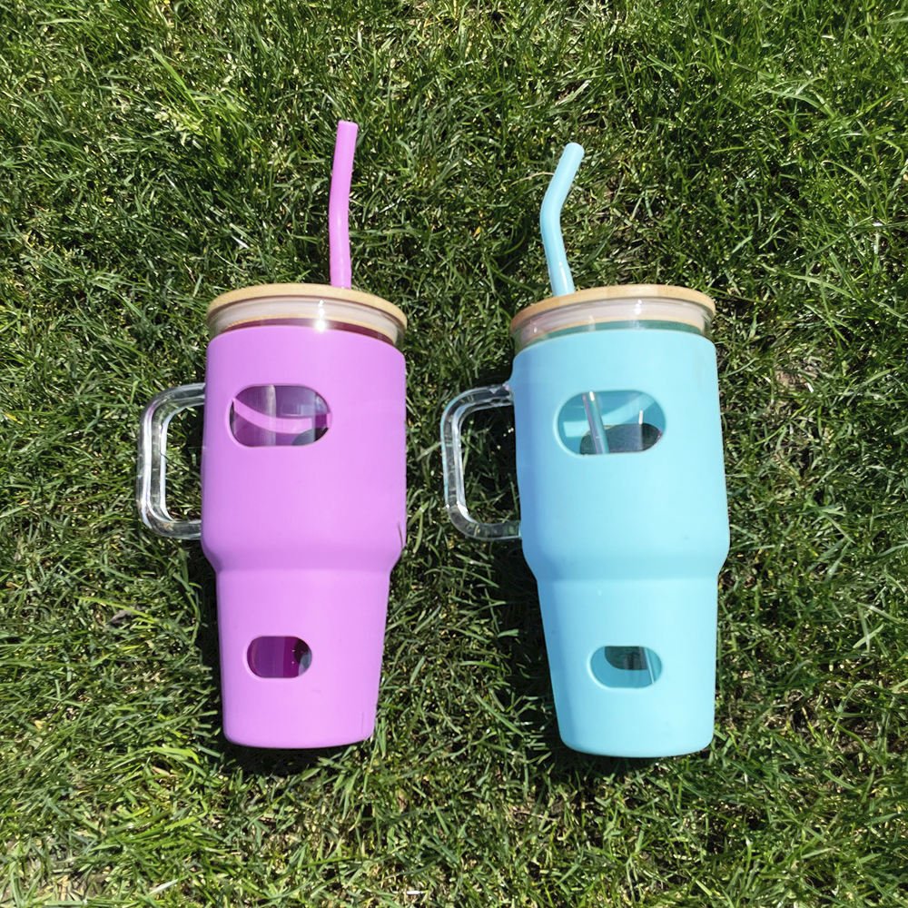 Eco Friendly 32oz Glass Tumbler with Bamboo Lid and Straw for Iced Coffee BPA-Free Silicone Water Bottles