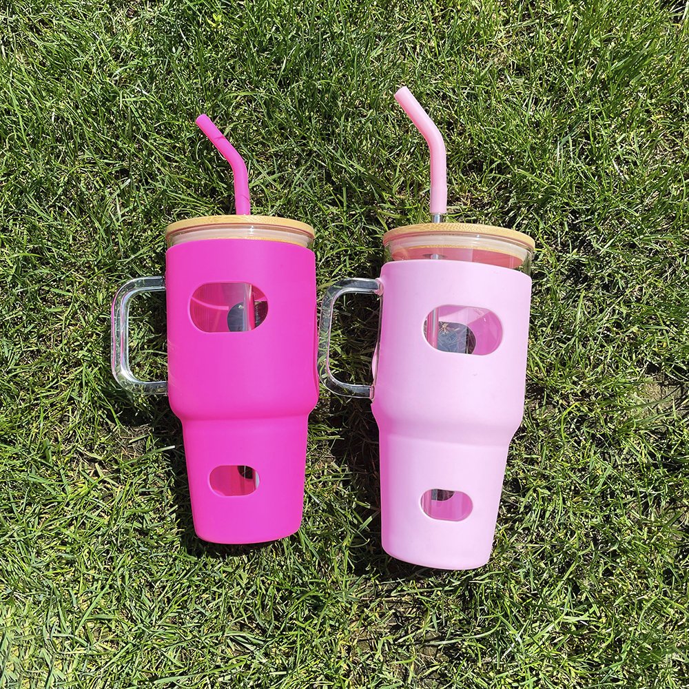 Eco Friendly 32oz Glass Tumbler with Bamboo Lid and Straw for Iced Coffee BPA-Free Silicone Water Bottles