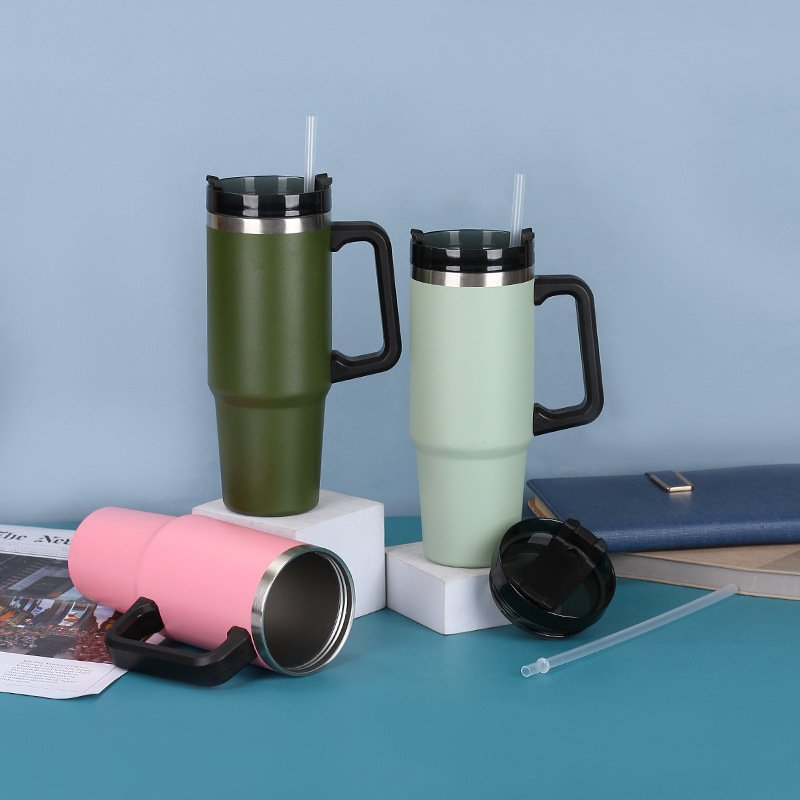 Food Grade Vacuum Sealed Beer Tumbler Stainless Steel 40oz Large Capacity Car Cup Minimalist Handle Coffee Wine Mugs with Lid
