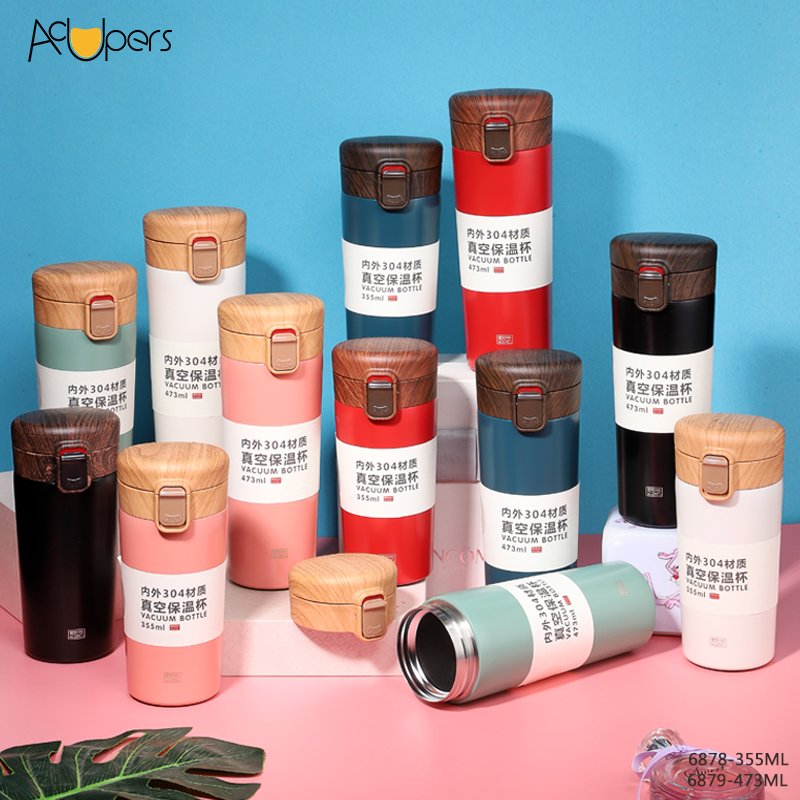16oz Classic Double Wall 304 Stainless Steel Vacuum Flask Coffee Mug With Wooden Flip Top Lid