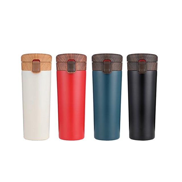 16oz Classic Double Wall 304 Stainless Steel Vacuum Flask Coffee Mug With Wooden Flip Top Lid