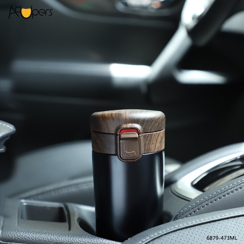 16oz Classic Double Wall 304 Stainless Steel Vacuum Flask Coffee Mug With Wooden Flip Top Lid