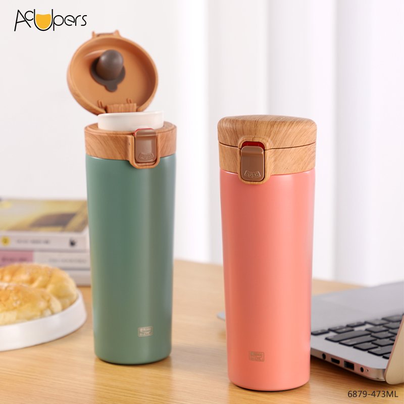 16oz Classic Double Wall 304 Stainless Steel Vacuum Flask Coffee Mug With Wooden Flip Top Lid
