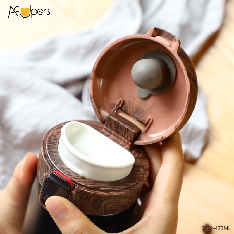 16oz Classic Double Wall 304 Stainless Steel Vacuum Flask Coffee Mug With Wooden Flip Top Lid
