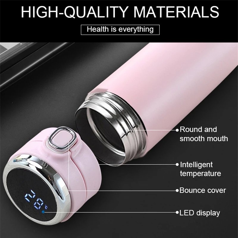 Smart Insulated Water Bottle 304 Stainless Steel Vacuum Wide Mouth Coffee Mug Travel Thermoses with LCD Touch Screen Coffee Cup