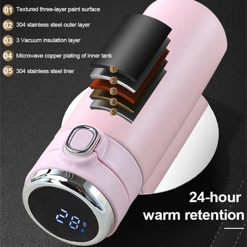 Smart Insulated Water Bottle 304 Stainless Steel Vacuum Wide Mouth Coffee Mug Travel Thermoses with LCD Touch Screen Coffee Cup