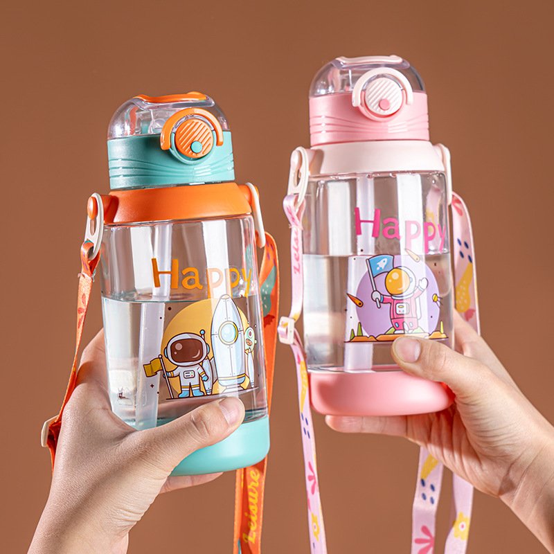 2024 Plastic Cute Printing Child Drink BPA Free Flip Top Straight Kids Water Bottle With Straw